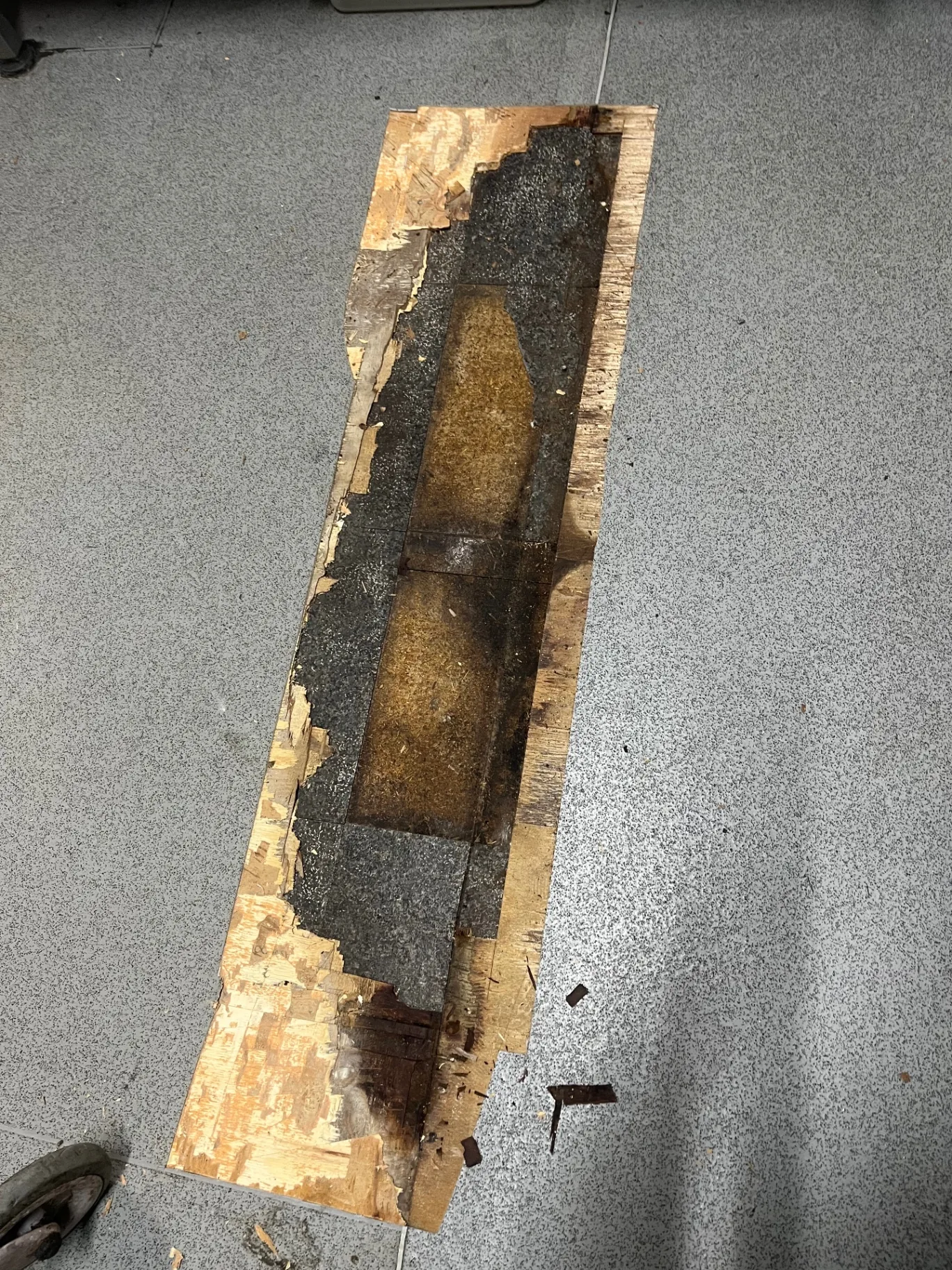 Before — commercial kitchen sub-floor and safety vinyl plank repair